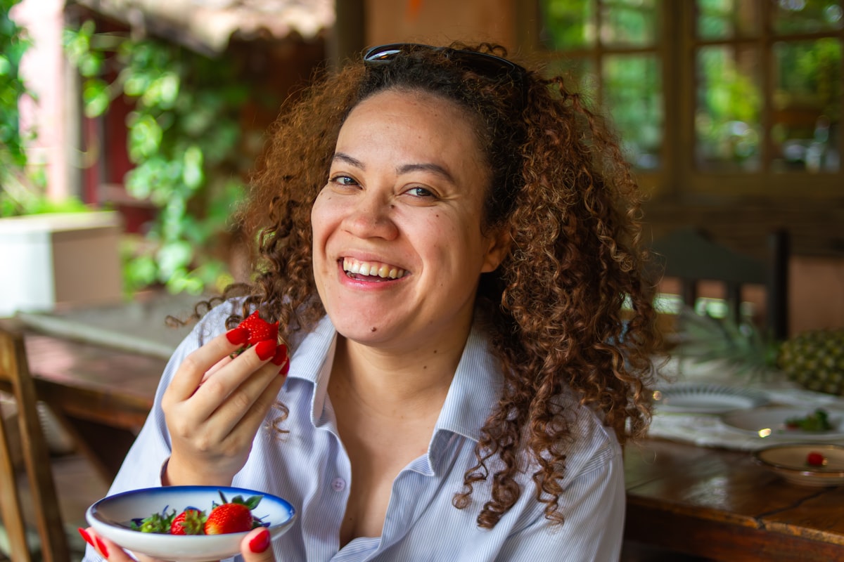 Woman peacefully eating mindfully